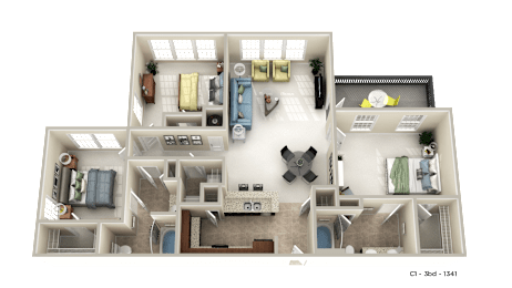 A 3D floor plan of a house layout.