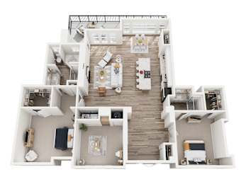 2 bedroom 3D floorplan with balcony, dining room, living room, in unit laundry