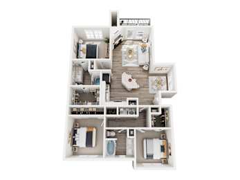 A top-down view of a well-organized apartment with a kitchen, living room, and two bedrooms.
