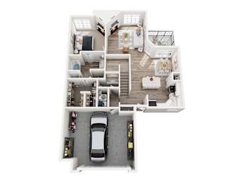 A top-down view of a house interior with a car parked in the driveway.