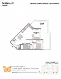 Layout D-T 1 Bedroom 1 Bathroom Floor Plan at The Monarch, East Rutherford, NJ