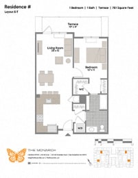 Layout E-T 1 Bed 1 Bath Floor Plan at The Monarch, East Rutherford, New Jersey