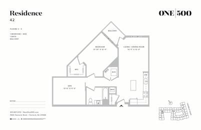 1 Bedroom 1 Bath Floor Plan at One500, Teaneck, New Jersey