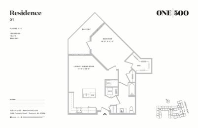 A7 1 Bed 1 Bath Floor Plan at One500, New Jersey, 07666