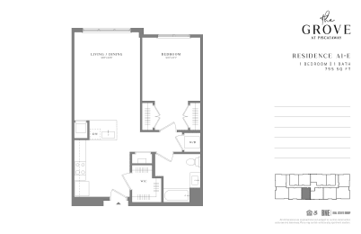 A1E 1 Bed 1 Bath Floor Plan at The Grove at Piscataway, New Jersey