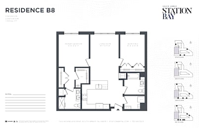 A black and white floor plan for Residence B8 at Station Bay.