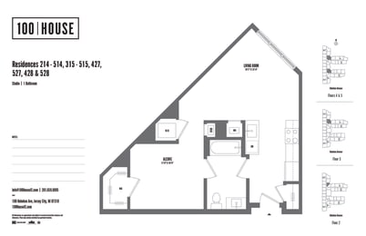 Studio 1 bath floor plan at 100 House Apartments, New Jersey, 07310