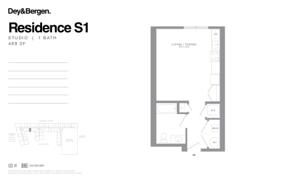 Studio 1 bath floor plan A at Dey & Bergen, New Jersey