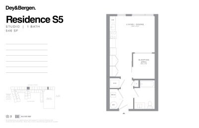 Studio 1 bath floor plan F at Dey & Bergen, Harrison, New Jersey