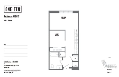 Studio 1 bathroom floor plan J at One Ten Apartments, Jersey City