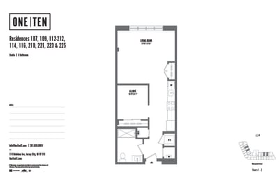 Studio 1 bathroom floor plan at One Ten Apartments, New Jersey