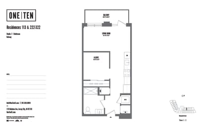 Studio 1 bath floor plan H at One Ten Apartments, Jersey City , New Jersey