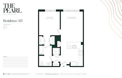 A floor plan for a residence with a living room, dining room, and kitchen.