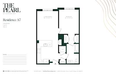A floor plan for a residence at Station Bay with a living and dining area, a bedroom, and a bathroom.