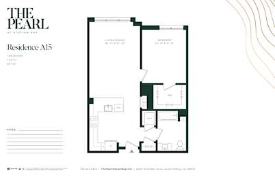 A floor plan for a residence at Station Bay with 1 bedroom and 801 square feet.