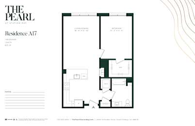 A floor plan for a residence at Station Bay with a living and dining area, two bedrooms, and a study.