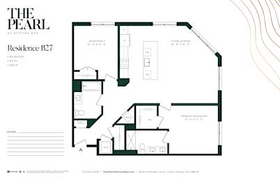 A floor plan for a residence at Station Bay with a living room, two bedrooms, a study, and a garage.