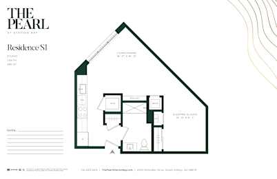 A floor plan for a studio apartment at The Pearl at Station Bay.
