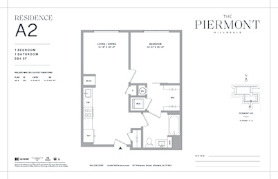 One bedroom floorplan with walk-in closet at The Piermont Apartments, New Jersey, 07642