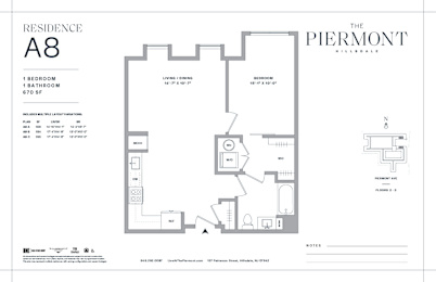One bed one bathroom floorplan with walk-in closet at The Piermont Apartments, Hillsdale, NJ 07642