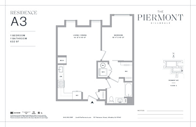1 bedroom one bathroom floorplan at The Piermont Apartments, Hillsdale, NJ