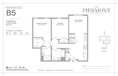 Two bed two bathroom floorplan at The Piermont Apartments, Hillsdale, NJ 07642
