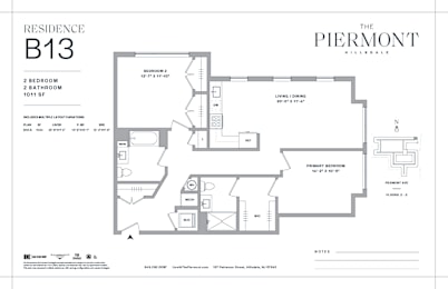 2 bedroom two bathroom floorplan with walk-in closet at The Piermont Apartments, New Jersey