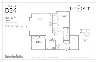 2 bed 2 bathroom floorplan with den at The Piermont Apartments, New Jersey
