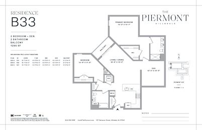Two bedroom two bath floorplan with balcony and den at The Piermont Apartments, Hillsdale, NJ