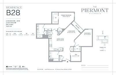 Two bed two bath floorplan with den and balcony at The Piermont Apartments, Hillsdale, 07642