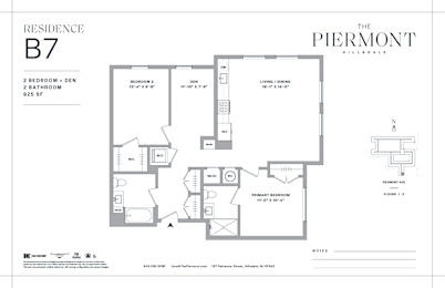 Two bed two bathroom floorplan with den at The Piermont Apartments, New Jersey, 07642