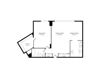 A floor plan of a house with a bedroom, living room, and dining room.