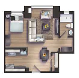 A top-down view of a room with a bed, couch, and a coffee table.