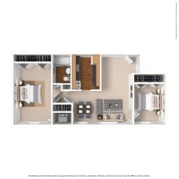 a stylized 3d floor plan with a bedroom and living room