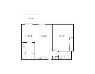 A black and white image of a floor plan for a balcony, dining room, living room, and bedroom.