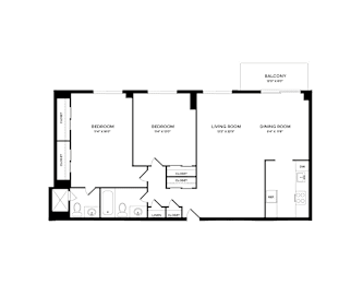 A floor plan of a house with a balcony, two bedrooms, a living room, a dining room, a kitchen, a laundry area, and a driveway.
