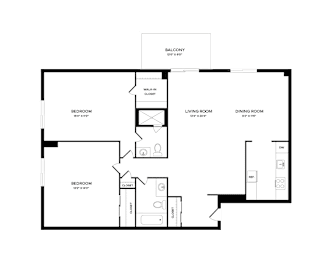 A black and white image of a floor plan for a home with a balcony, two bedrooms, a living room, a dining room, a kitchen, a bathroom, and a laundry area.