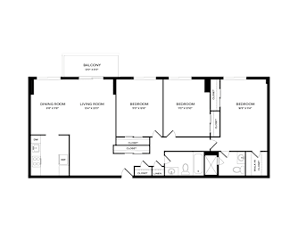 A floor plan of a house with a balcony, two bedrooms, a living room, a dining room, a kitchen, a bathroom, a laundry room, and a garage.