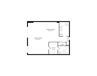 A black and white image of a floor plan for a house with a dining room and living room.