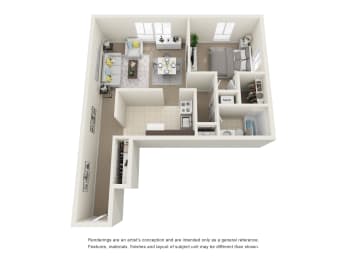 3D floor plan with a bedroom and a living room