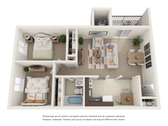 a stylized floor plan of a 1 bedroom apartment