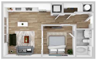 A top-down view of a small apartment with a living room, kitchen, and bathroom.