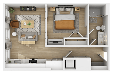 3D floor plan of one bedroom apartment layout at The Yancey Apartments, Charlotte