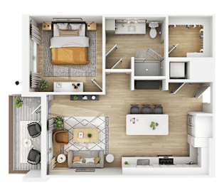 3D floor plan of one bedroom apartment with balcony at The Yancey Apartments, North Carolina