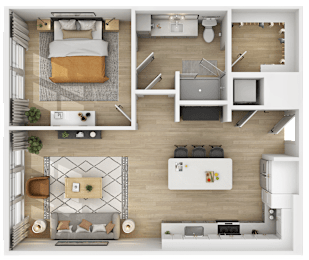 3D floor plan of studio apartment layout at The Yancey Apartments, North Carolina, 28217