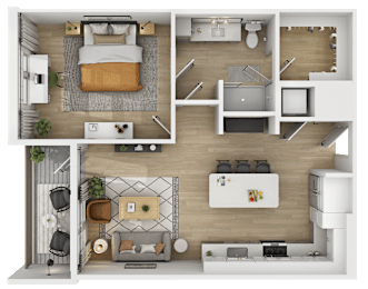 3D floor plan of one bedroom apartment with open layout at The Yancey Apartments, Charlotte, NC 28217