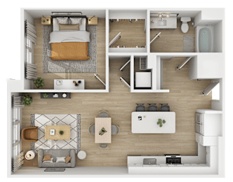 3D floor plan of two bedroom apartment with bathroom at The Yancey Apartments, Charlotte