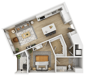 3D floor plan of one bedroom with open kitchen and living area at The Yancey Apartments, North Carolina