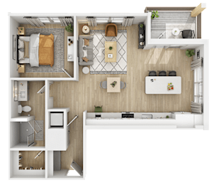 3D floor plan of one bedroom with open living space at The Yancey Apartments, North Carolina, 28217