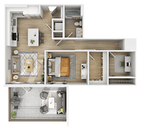 3D floor plan of two bedroom apartment with patio at The Yancey Apartments, Charlotte, NC 28217